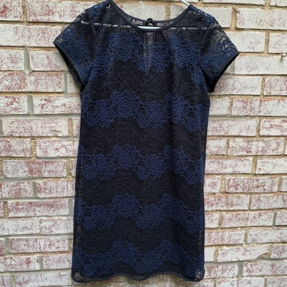 Ann Taylor Loft Black Navy Blue Striped Lace Sheer Shift Dress Sz 8 -NWT